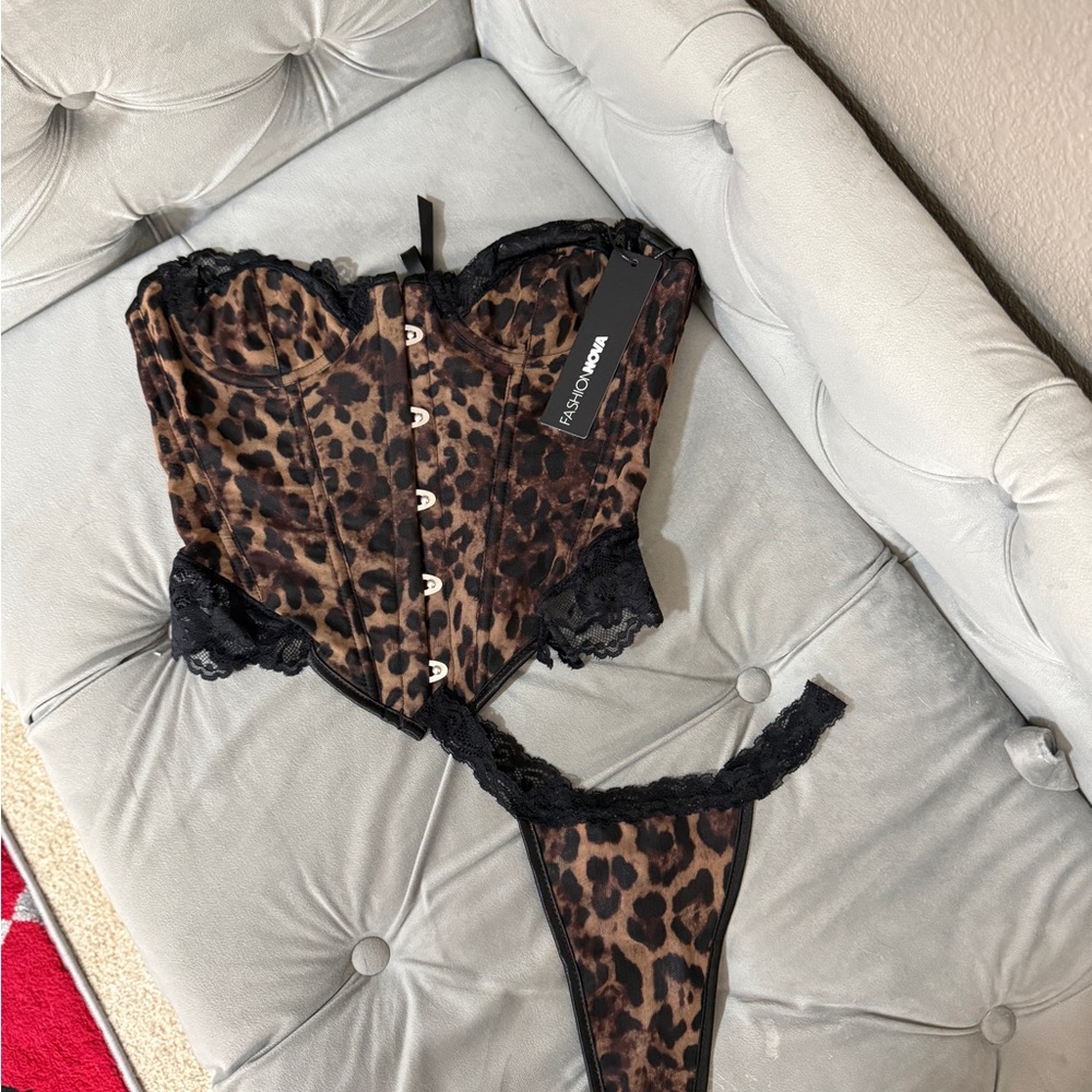 Fashion Nova Can’t Tame Me Mesh 2 Piece Corset and Panty Set - Leopard
